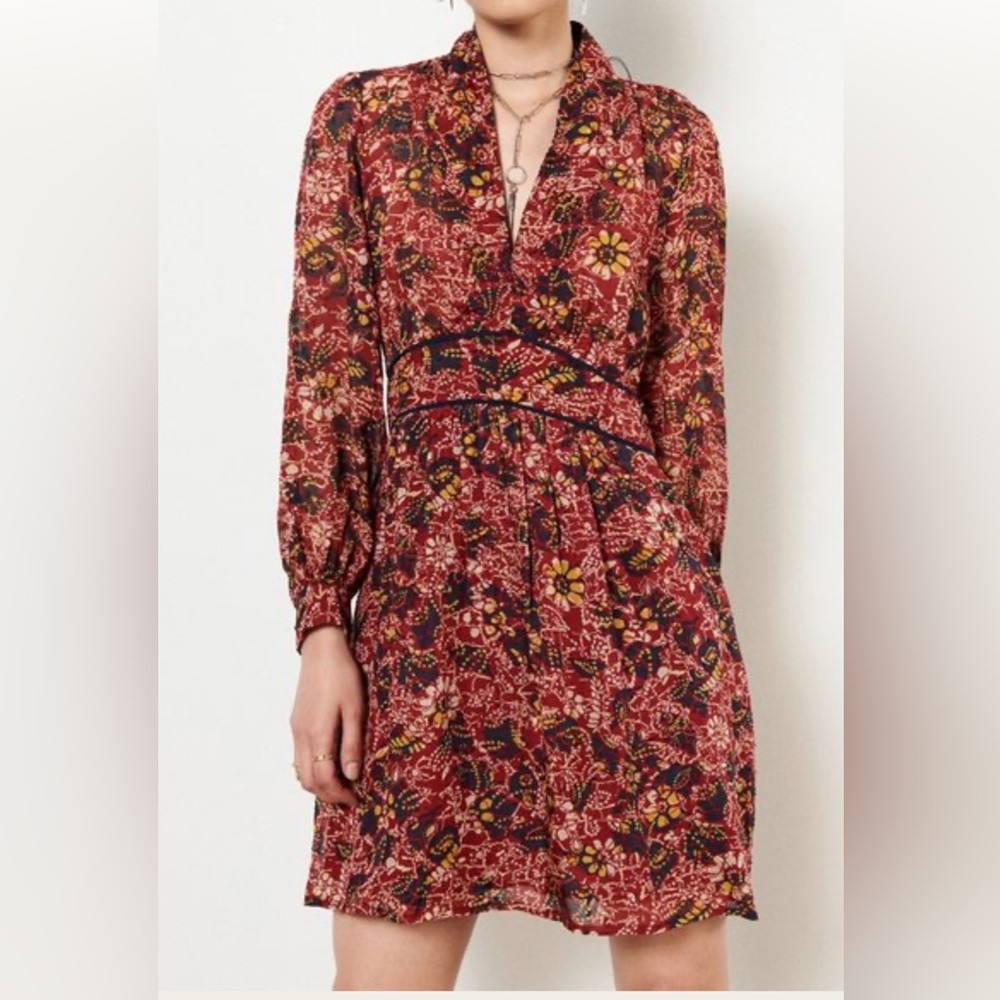 ba&sh Red Floral V-Neck Long-Sleeve Mini Dress